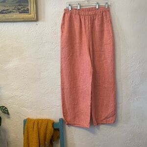 FLAX 100% LINEN PANTS SZ S LAGENLOOK WIDE LEG FLOOD ORANGE-PINK HIGH RISE